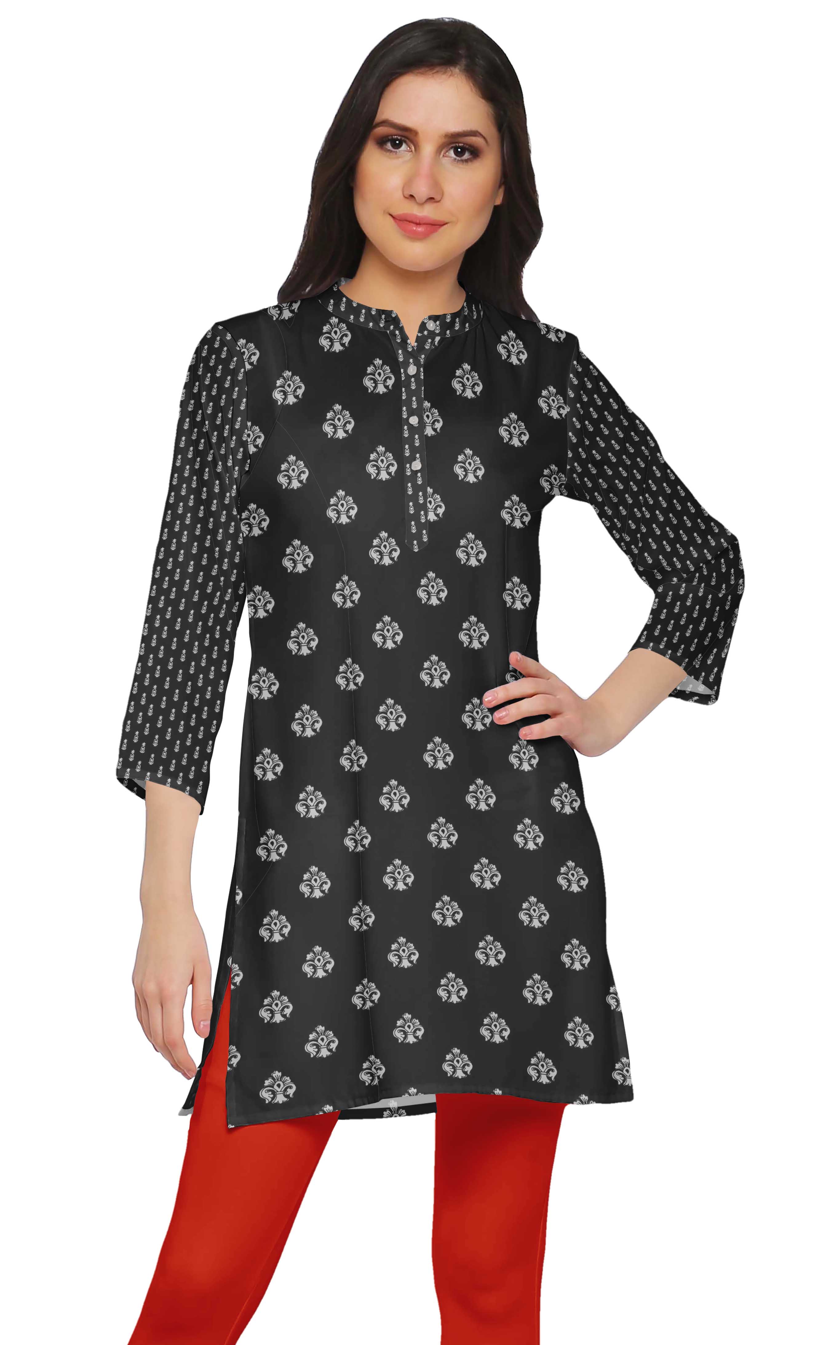 Moomaya Robes Tuniques Courtes en Poly-Crêpe pour Femmes Kurti Imprimé Mini Tenue d'Été