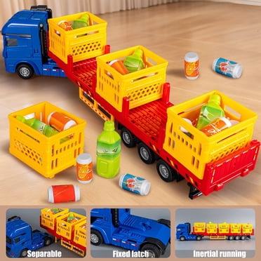 Cameland Grand Véhicule de Transport Jouet Remorque de Simulation pour Enfants Modèle de Camion Conteneur Véhicule de Transport pour Garçons Légumes Fruits et Boissons