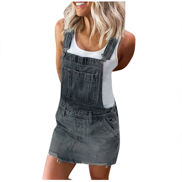 Fridja Jupe Chasuble à Bretelles en Denim pour Femmes, Mini-Robe Courte Ajustée, Caftan