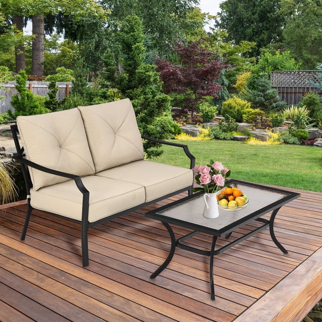 Gymax Ensemble de 2 Pcs pour l'Extérieur Causeuse avec Coussins Banc de Patio Sofa avec Table à Café