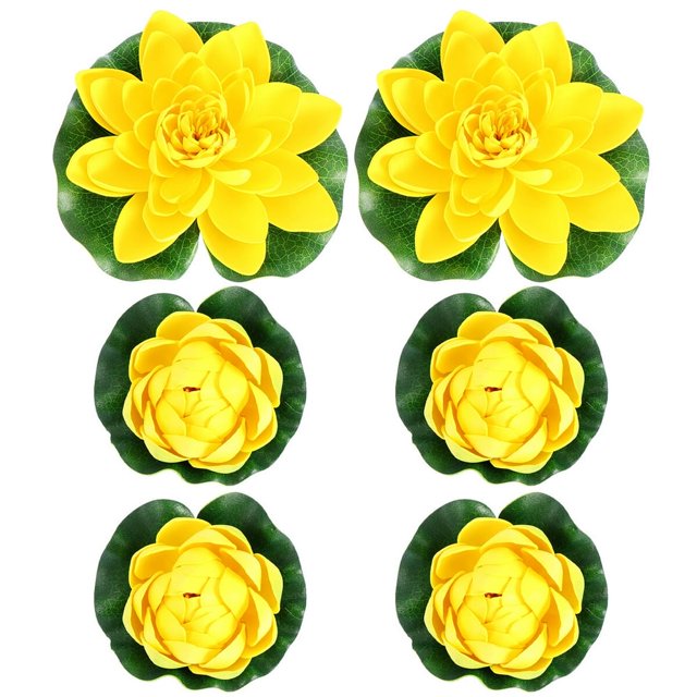 6PCS Simulation Lotus Lilies Artificial Plastic Pond Plants Home Decoration - 4PCS Size M and 2PCS Size L (Yellow)