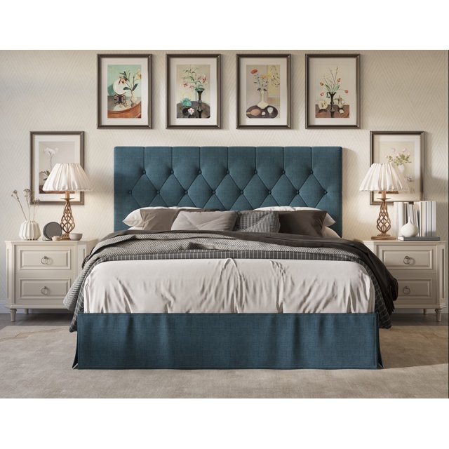 HMD Zachary Full Tufted Upholstered Platform Bed, Denim Blue