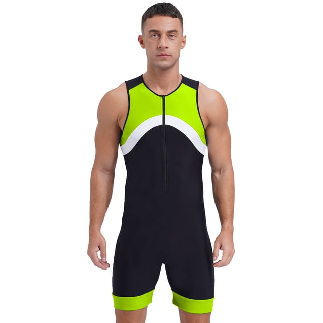 Runhomal Men Quick Dry One Piece Swimsuit Zipper Bathing Suit Sleeveless Beach Swimwear Surfing Rash Guard Wetsuit Fluorescent Green XXL