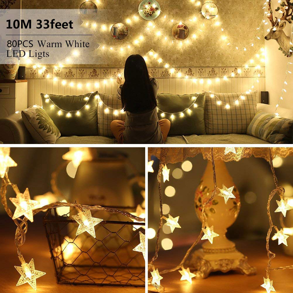 LNGOOR Star String Lights, 33Ft 80LED Star Fairy Lights with Remote Control, USB & Battery Powered String Lights for Xmas, Party, Wedding, Garden, Home Decorations(Warm White)