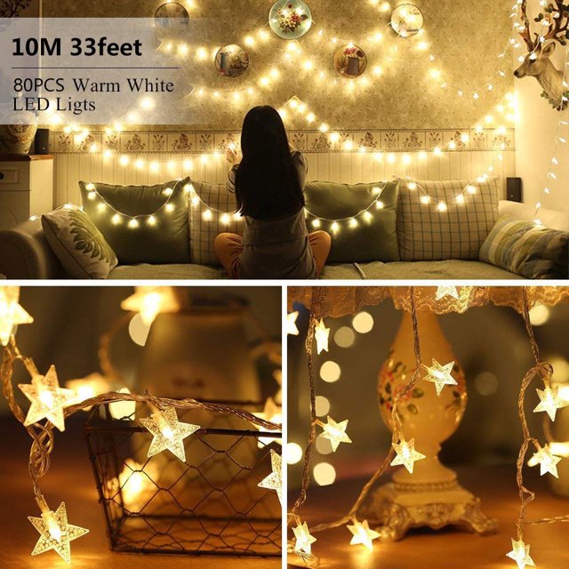 LNGOOR Star String Lights, 33Ft 80LED Star Fairy Lights with Remote Control, USB & Battery Powered String Lights for Xmas, Party, Wedding, Garden, Home Decorations(Warm White)