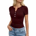 thumbnail image 2 of cfhntfmh Henley Shirts for Women Summer Short Sleeve Tops V Neck Basic Tees Fitted Ribbed Button up Beach Vacation Shirts, 2 of 6