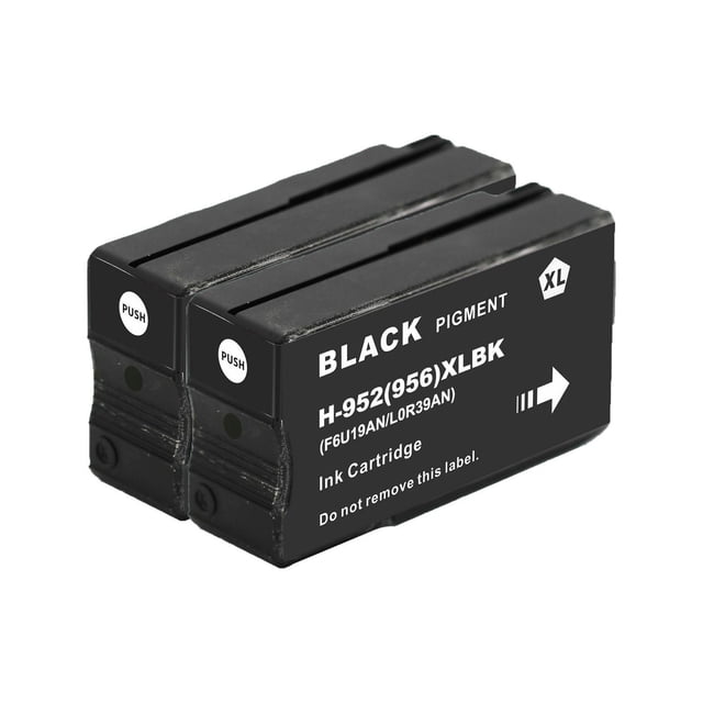 L-ink 2 Pack Compatible HP 952XL Black High Yield Ink Cartridge (F6U19AN) showing two black remanufactured ink cartridges with white labels indicating black pigment ink, model H-952(956)XLBK, push buttons on top, certified for OfficeJet Pro printers, with 2000 page yield and crisp print quality.
