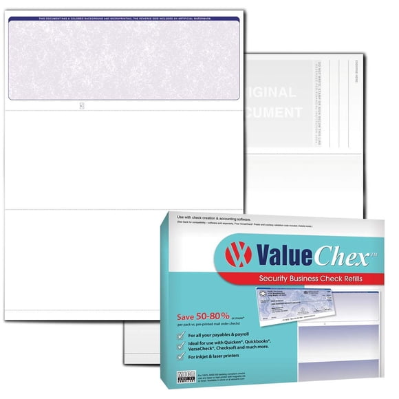 VersaCheck ValueChex - 500 Blank Business Voucher Checks - Blue Classic - 500 Sheets Form #1000 - Check on Top