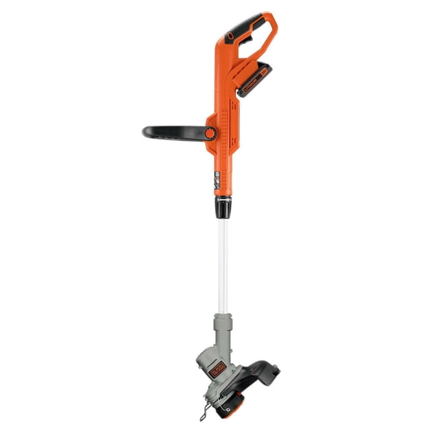 BLACK+DECKER LST300-CA 20V MAX Lithium-Ion Cordless 12-inch 2-in-1 String Trimmer/Edger with 2.0Ah Battery and Charger, shown in side profile with an orange handle featuring black micro-textured grips, an adjustable black auxiliary handle, a silver shaft, and a grey cutting head with a black guard. The 20V lithium battery is attached near the handle, designed for easy switching between trimming and edging tasks in outdoor lawn care.