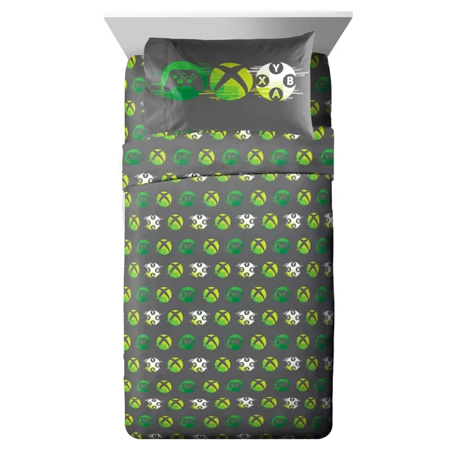 Xbox Ensemble Complet de Draps 4 Pcs en polyester 100 % avec base Gris Foncé et Manette Xbox Verte à Motifs Répétés, logo Xbox et Icônes de Boutons. Comprend un Drap-Housse, un Drap Plat et Deux Taies d'Oreiller avec Graphiques Xbox sous Licence Officielle, Convient à la Literie pour Enfants et Se Lave Facilement à la machine.
