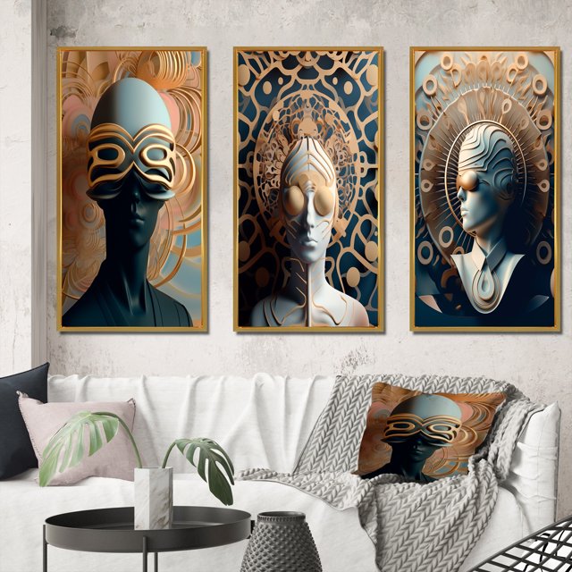 Designart "Futuristic Fashion Sci-Fi Woman Portrait II" Surrealism Framed Wall Art Set Of 3 - Blue Transitional Frame Canvas Set For Living Room Decor