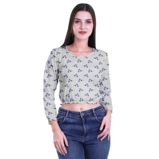 Moomaya T-shirt Court à Manches Longues à Col Rond Imprimé pour Femmes en Jersey de Coton