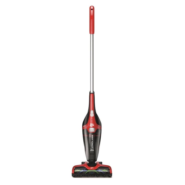 Dirt Devil Versa Cordless 3-in-1 Stick Vacuum in red and black with a slim upright design, long handle with red grip, detachable hand vacuum, Spin3Pro brushroll for carpets and hard floors, lightweight design, and easy empty dirt cup for quick cleaning.