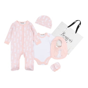 Bonjour Bebe Ensemble Layette 5 Pcs Happy Bunny – Essentiels pour Bébé 100 % Coton, Dormeuse, Cache-Couche et Plus – Cadeau Adorable et Confortable pour Bébés Garçons et Filles