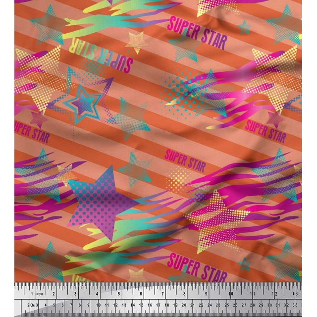 Soimoi Crepe Silk Fabric Star & Diagonal Stripe Print Fabric by Yard 42 Inch Wide