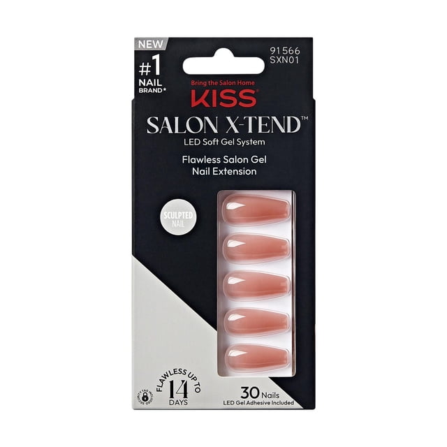 KISS Salon X-tend LED Soft Gel System Color Nails, Flowers, Long Coffin, 30 count showing a black and white package with five visible long coffin-shaped, bend-resistant soft gel nail extensions in solid pink, designed for a salon-quality flawless gel nail extension lasting up to 14 days with included LED gel adhesive.