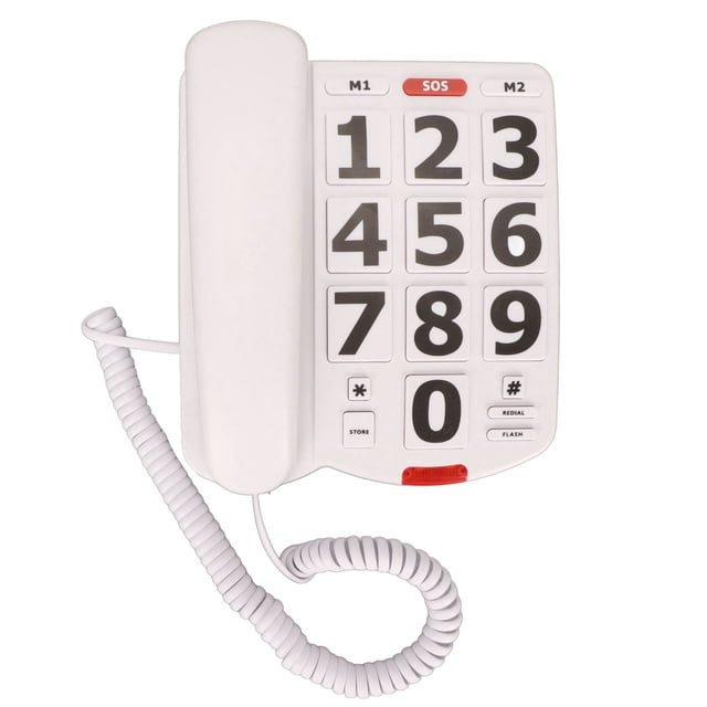 Senior Phone, Last Number Redialing Corded Big Button Telephone with large black buttons on a white base, featuring speed dial memory, adjustable volume settings, and corded functionality. Designed for elderly individuals with low vision or hearing difficulties. Includes handset, cord, and base.