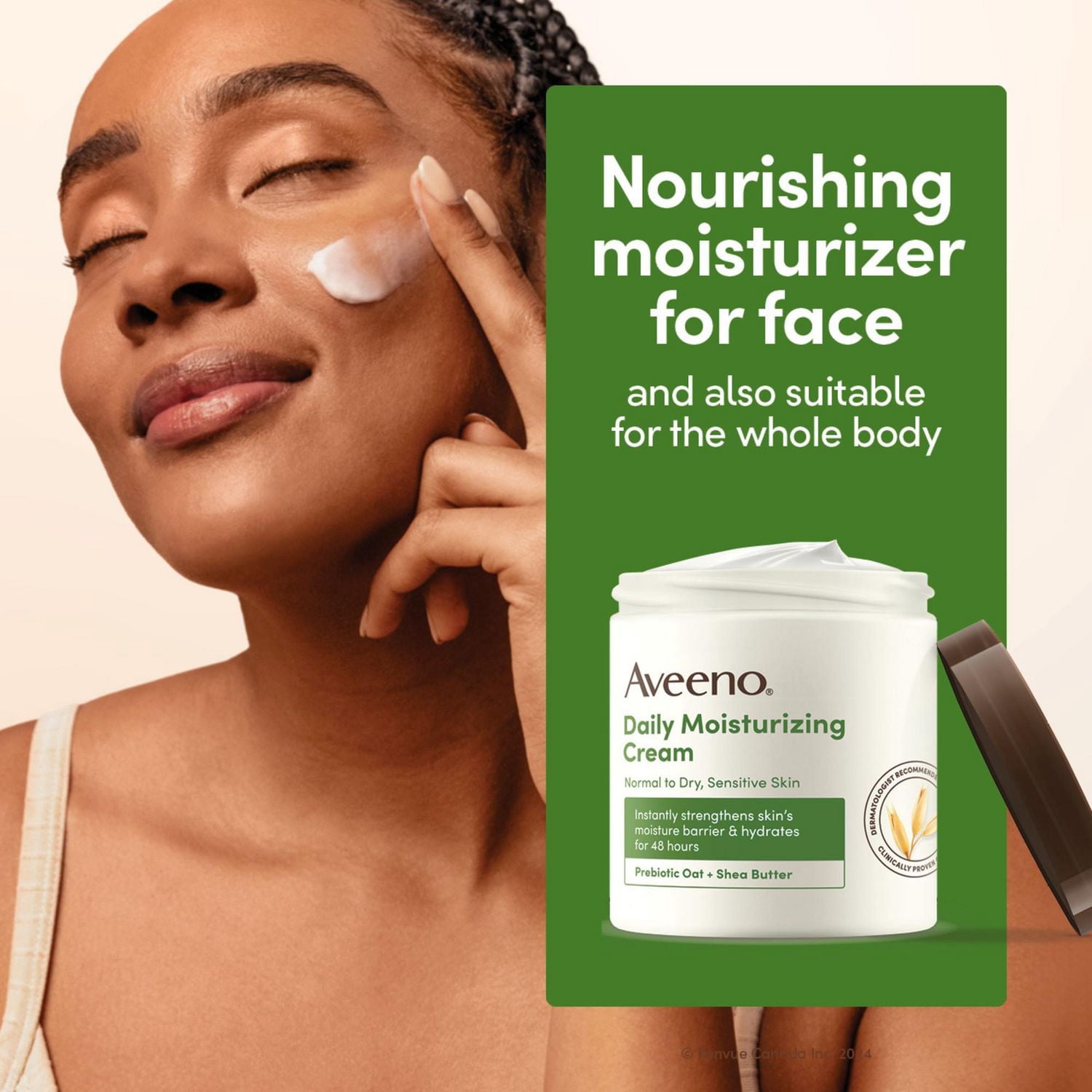 Crème hydratante quotidienne Aveeno avec avoine prébiotique et beurre de karité, pour peau sensible, normale à sèche, hydrate pendant 48 heures, sans parfum, non grasse et non comédogène, 425 g