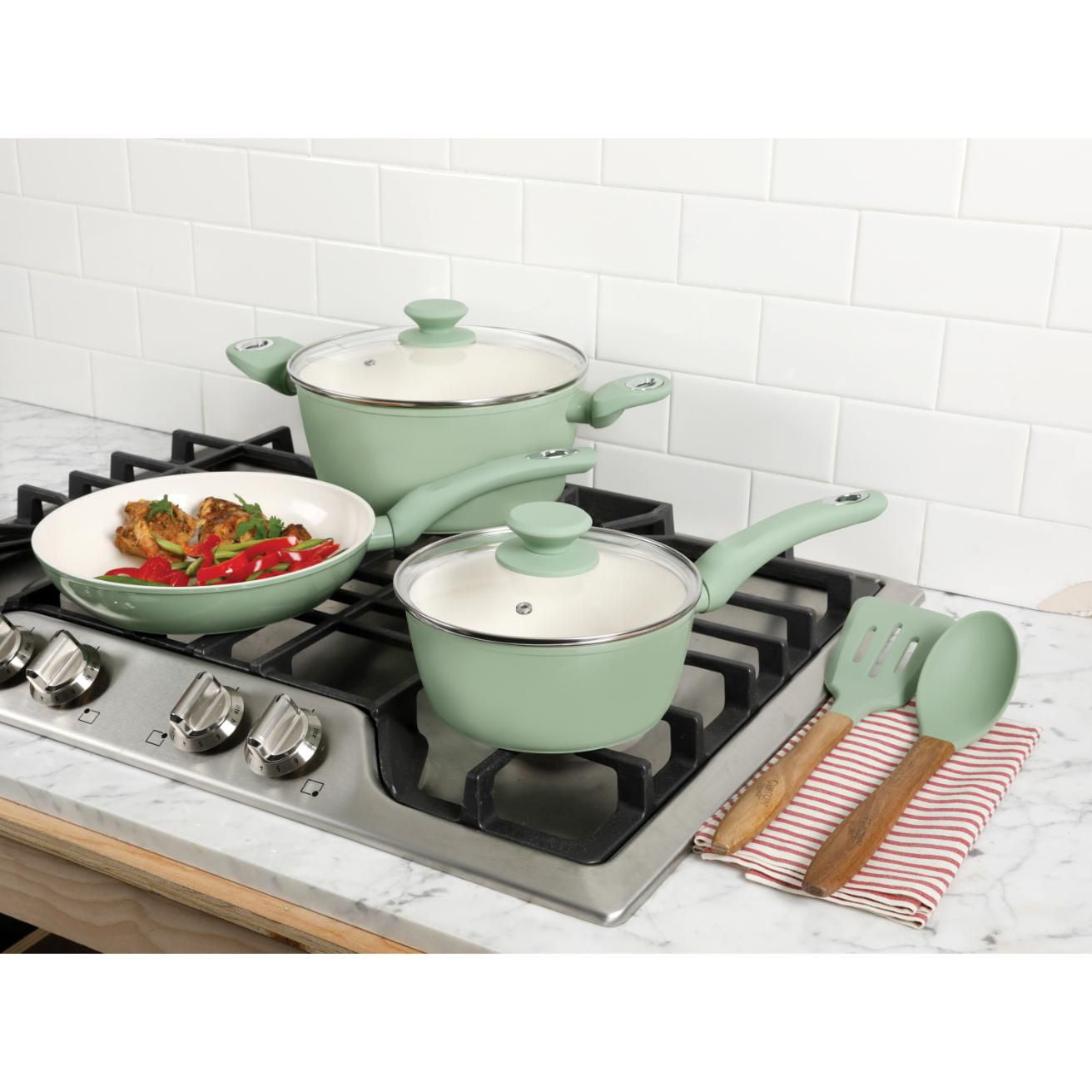 Gibson Plaza Café Batterie de cuisine 7 pièces en aluminium Menthe avec poignée en bakélite douce au toucher