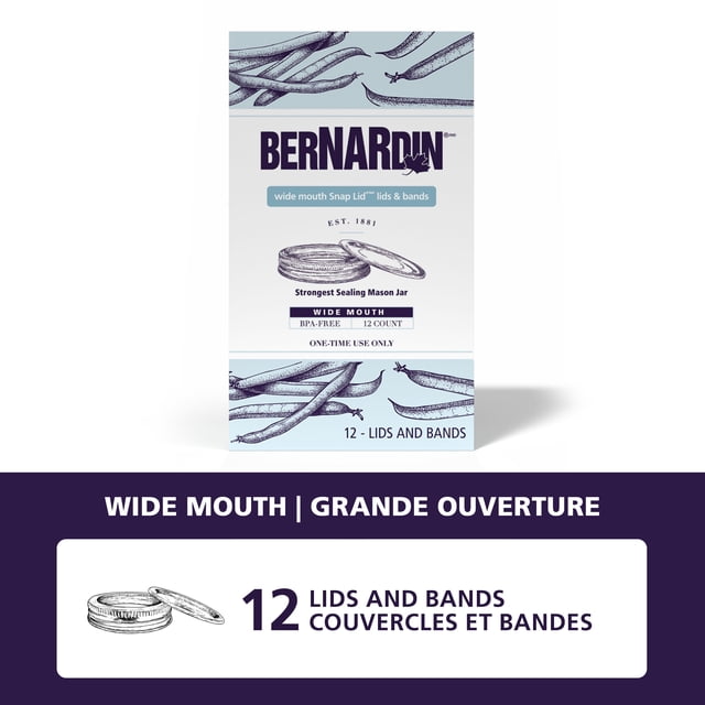 Bernardin Couvercles et Bandes pour Pots Mason, Grand Ouverture, Boîte de 12 Unités avec Couvercles et Bandes Métalliques Sans BPA Conçus pour l'Étanchéité Hermétique dans les Fournitures de Mise en Conserve, Destinés à un Usage Unique pour Préserver la Fraîcheur des Aliments, avec Texte Bilingue Anglais et Français.