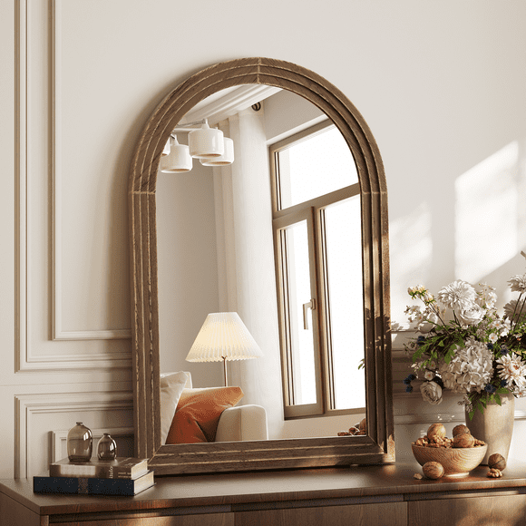 BEAUTYPEAK 36"x 24" Arched Bathroom Mirror Wall Mirror Wooden Frame,Brown