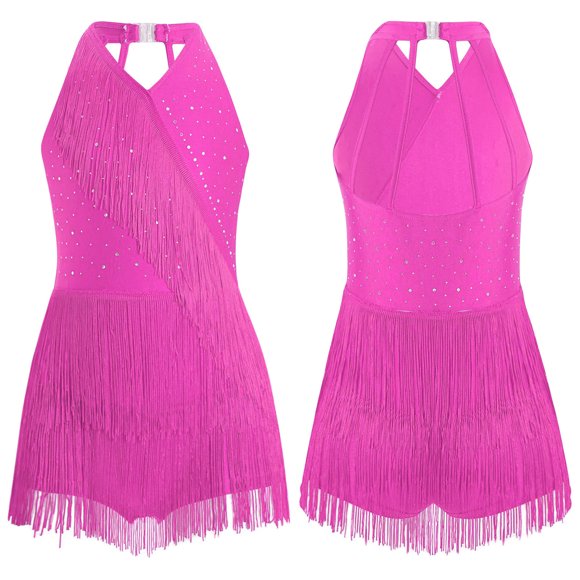 Yeahdor Girls Sequins Latin Salsa Dance Dress Gymnastic Skirted Leotards Ballroom Jazz Tassel Costume Hot Pink 16