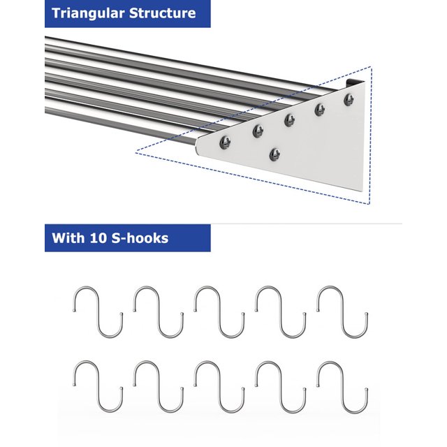 Stainless Steel Shelf Pot Rack - Metal Kitchen Organization Storage Rack for Hanging Pots Pans Cookware, Wall Mounted Shelf with 10 Hooks in Restaurant Home - 12" W x 48" L