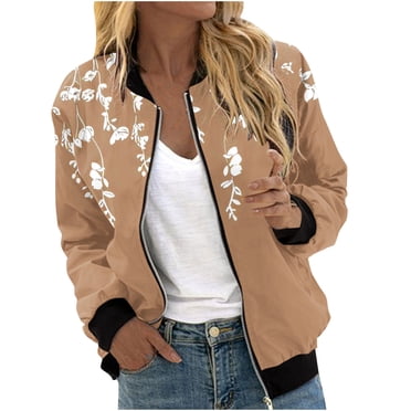 LMKIHUSA Blouson Bomber Surdimensionné pour Femme à Manches Longues, Col Rond, Vestes à Fermeture Éclair, Imprimé Floral, Coupe-Vent Confortable avec Poches, Décontracté Tendance 2025, Manteau Kaki, XXXXXL