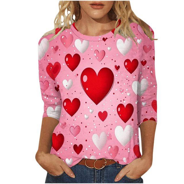 Amzcrzy Valentines Day T-Shirt pour Femmes Mode Cœur d'Amour Graphique T-Shirts de la Saint-Valentin Décontractés Manches 3/4 Col Rond T-Shirts Hauts Cadeaux Valentines Day pour Femmes