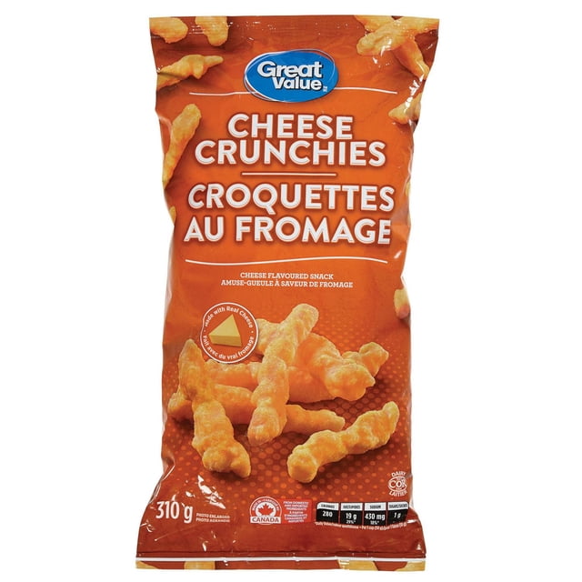 Great Value Croquants au Fromage 310 g Sac d'Orange, Bouchées de Fromage en Bouchées avec texture Croquante et Saveur de Fromage Audacieuse, Emballage Bilingue Anglais et Français, Collation Faite au Canada avec Faits Nutritifs et certification Laitière.