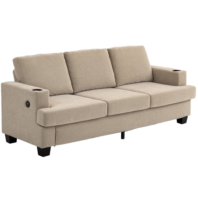 HOMCOM Canapé 3 Places, Sofa Rembourré avec Ports USB et Porte-Gobelets, Canapé lounge Trois Places Brun Orienté vers l'Avant en Tissu Brun Pâle Effet Chenille avec Accoudoirs Ports USB-A et USB-C, Doubles Porte-Gobelets et Coussins de Siège de 6,3 Pouces (16 cm) d'Épaisseur sur Cadre en Acier; Utilisé Souvent comme Siège Multimédia pour Cinéma Maison Ou Jeux.
