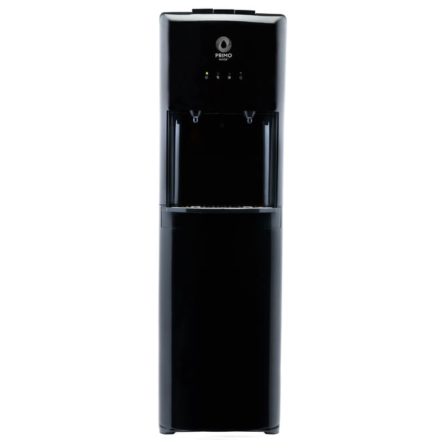 Primo Water® Bottom Loading Classic 2 Temp Water Dispenser in black with a tall rectangular shape, featuring two push-button taps for hot and cold water, LED indicator lights, and a bottom-loading compartment for 3- and 5-gallon bottles, suitable for home or office use.