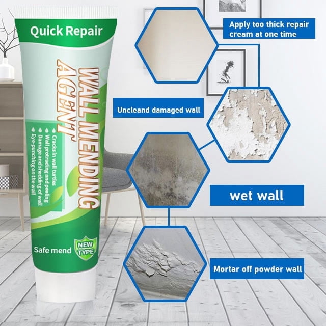 TIMIFIS Drywall Patch Repair, Wall Spackle Repair Paste, a 100g white repair putty plaster for home wall repairs, including dents, wood scratches, cracked walls, peeled walls, nail holes, and graffiti. The product is displayed in a green and white tube labeled 'Wall Mending Agent,' emphasizing quick-drying and easy application. The background features a wooden floor and wall with hexagonal insets showing examples of damaged walls, such as uncleaned, wet, and mortar-off powder walls.
