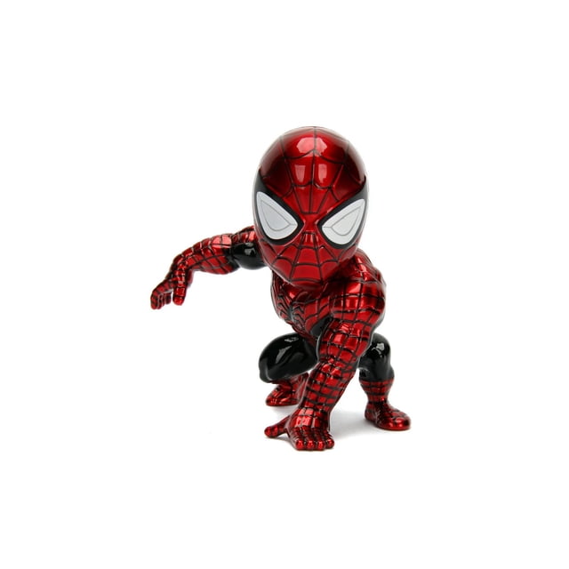 Jada Toys Ultimate Spiderman Figurine de 6 Pouces en pose Accroupie avec Corps en Métal Moulé sous Pression Rouge et Noir, Présentant des Motifs de Toile Détaillés et de Grands Yeux Blancs, Montrée d'Un Côté 3/4 sur un Fond Blanc, Convient aux Collectionneurs de Figurines d'Action pour la Télé et les Films.
