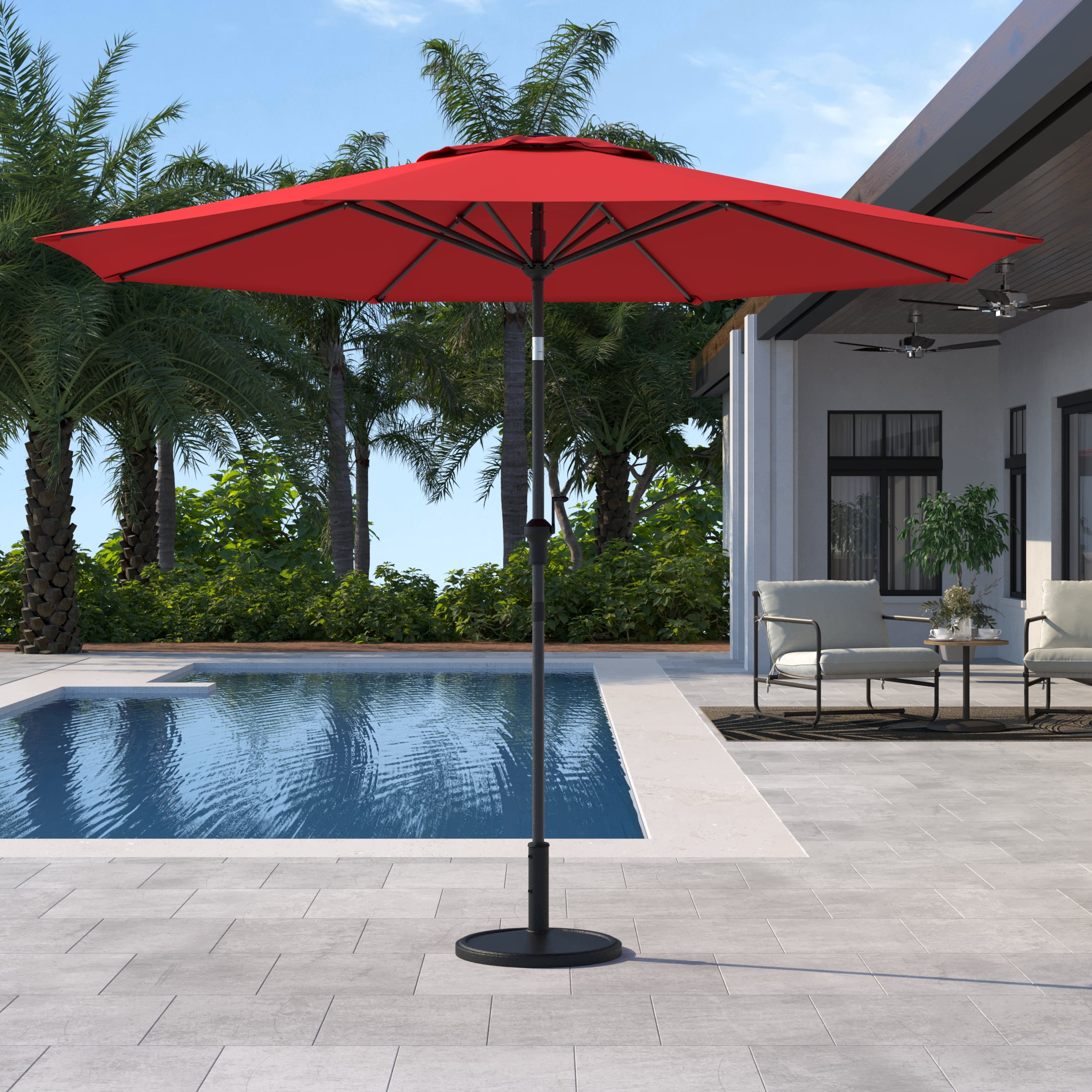 HOMETRENDS 9 ft. Round Push-Up Market Patio Umbrella, Salsa