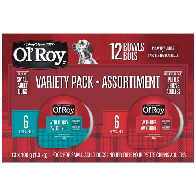 Ol' Roy with Turkey Loaf & with Beef Loaf in Savoury Juices Wet Dog Food Variety Pack for Small Adult Dogs, 12 individual 100 g bowls including 6 turkey and 6 beef flavour servings in savoury juices, formulated for nutritional maintenance and portion control, packaged in a red box with bilingual English-French text and a dog image.