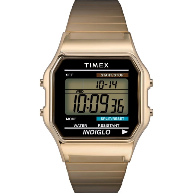 Timex® Classic Digital Expansion Band Watch with a 34mm polished gold-tone case and brushed gold-tone stainless steel expansion band, featuring a digital dial with time, date, chronograph, customizable alarm, countdown timer, water resistant to 30 meters, and INDIGLO light-up dial, often used as a stylish everyday timepiece.