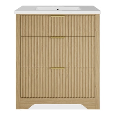 Fluted Bathroom Vanity with Ceramic Basin - 2 Drawers & Turn-Down Storage - Easy Clean - Freestanding Modern Cabinet, Wood Color E6509-LD, 30 Inches