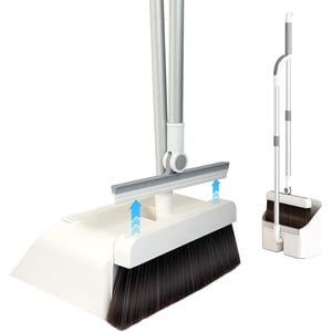 3-in-1 Magnetic Broom and Dustpan Set: 180° Rotatable Silicone Broom, Large Dust Pan with Self-Cleaning Teeth, Upright Stand Broom and Dustpan Combo for Home, Office, Lobby, and Pet Hair Cleaning