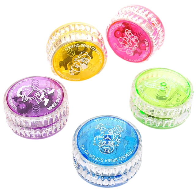LED Light-Up Yo-Yo Toy - Beginner Level with Transaxle Design, featuring a clear plastic body with rim-weighted polycarbonate construction. This novelty toy displays vibrant LED lights that blink and change colors while spinning, creating a dazzling light show. Designed for beginners, it is lightweight and portable, ideal for learning basic tricks. Includes five yo-yos in assorted colors: yellow, pink, green, blue, and purple.