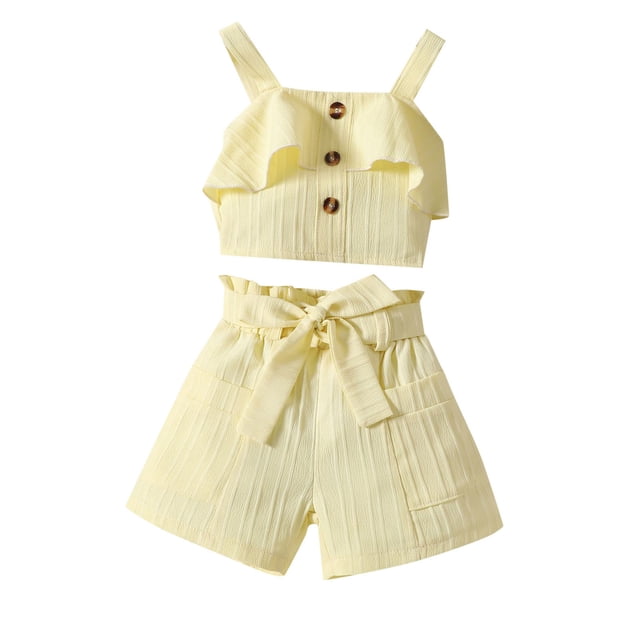 XDZJLR Child Girls Outfits Ribbed Knit Button Front Camisole Crop Tops And Track Shorts 2 Summer Clothing Set Yellow 4-5 Years