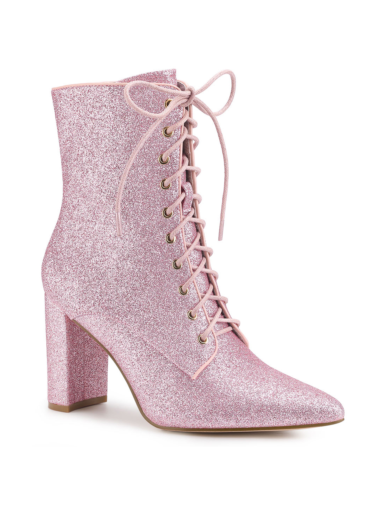 Unique Bargains Women's Pointy Toe Block Heel Glitter Ankle Boots