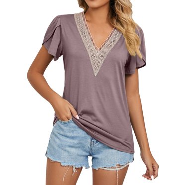 Women's Casual Summer V Neck Solid Color Hollow Gold Lace Stitching Short Sleeve Loose T Shirt Top