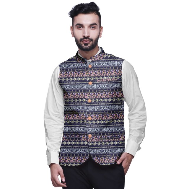 Atasi Light Peach Patchwork Printed Wedding Jackets For Men Nehru Jacket Waist Coat For Festive Season-Large