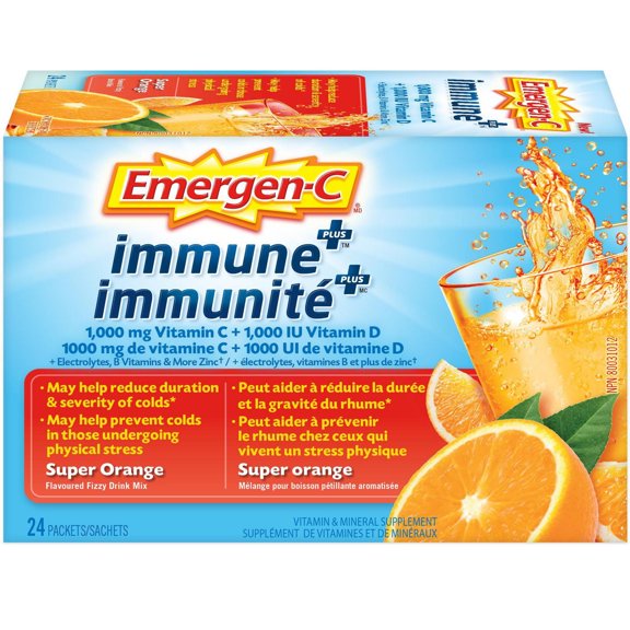 Emergen-c Super Orange Immune+, 1000 mg de vitamine C/B, supplément minéral, 24 unités