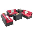 thumbnail image 2 of Patiojoy 9 PCS Rattan Dinning Set Wicker Sofa w/Propane Gas Fire Pit 60,000 Btu Heater Red, 2 of 10