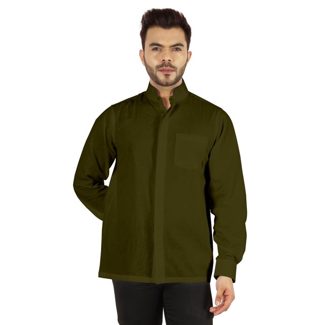 Bestman Solid Long Sleeve Shirt For Mens Front Double Button Placket Chinese Collar Shirt