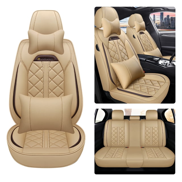 Maidao Car Seat Covers Leather for Subaru for Legacy 2003-Present 5 Seats Water Resistant Front Rear Cushion Protector with Pillow Beige