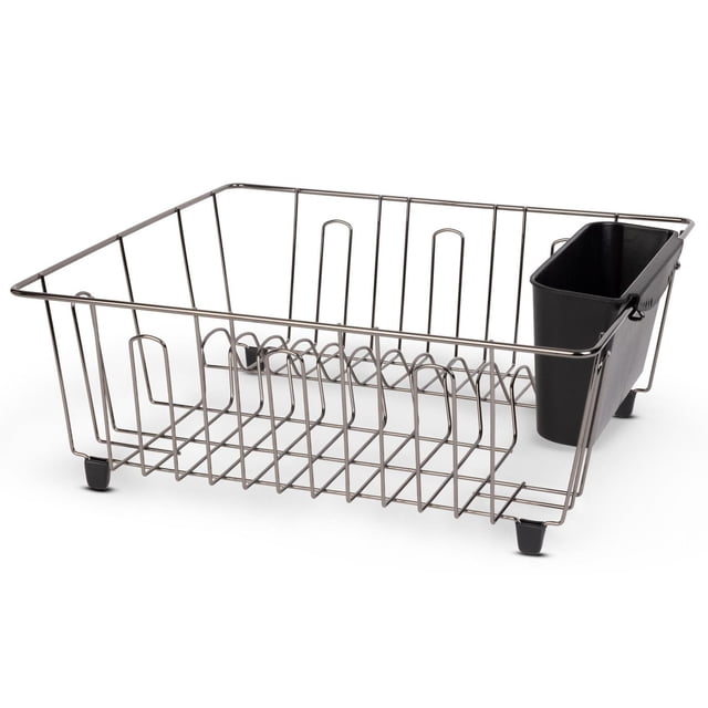 Mainstays Small Metal Dish Drainer Rack in chrome and black with a compact wire frame and slots for drying dishes, including a detachable black plastic cutlery cup with plastic feet to protect surfaces, ideal for small kitchens and countertop organization.