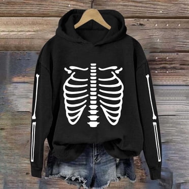 Huaizzzy Women's Skeleton Print Hoodie Long Sleeve Loose Fit Pullover Sweatshirt for Halloween Party Streetwear Casual Outfit Fall Winter Fashion Women Zip up Sweatshirts Zipper Sweater Dress Women